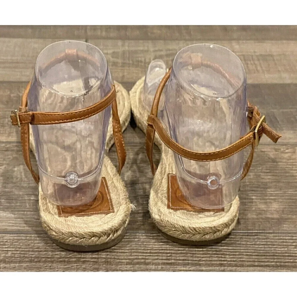 Tory Burch Brown Leather Emmy Flat Espadrilles Thong Sandals Size 8B Womens